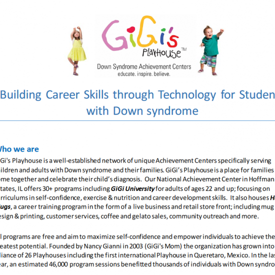 GiGi’s Playhouse grant – Career skills development for students with Down Syndrome (Jan 2016–Aug 2016)